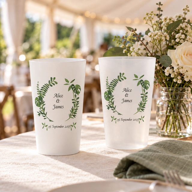 Personalised ECO 30 cups for wedding in an event setting